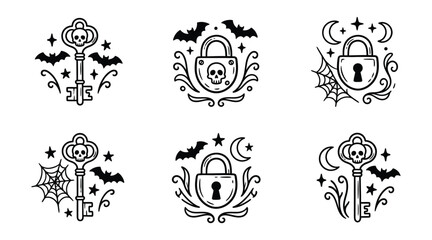 Fototapeta premium Set of halloween themed skull keys and padlocks with bats and spiderwebs