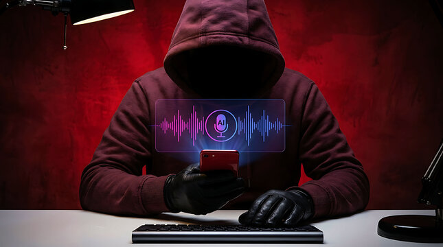 A hacker using ai voice cloning technology on a smartphone to commit fraud