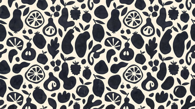 Minimalist fruit silhouette pattern, black and white botanical wallpaper, hand drawn organic food texture background