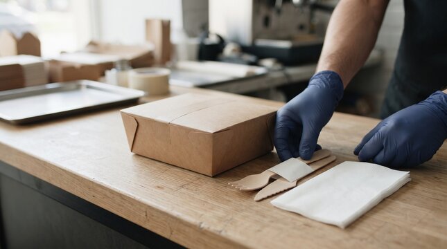 Eco-friendly food packaging, kraft paper takeout box on wooden counter, restaurant worker preparing delivery order with blue gloves