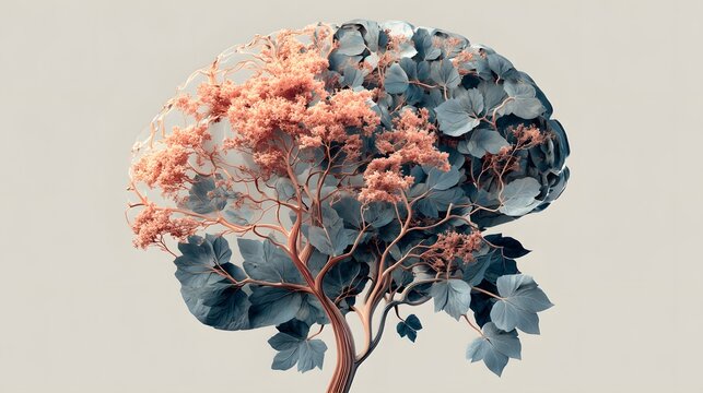 Stylized tree growing in the shape of a human brain with blue and pink leaves, symbolizing mental growth and harmony.