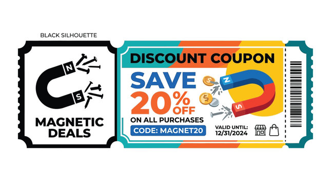 Black silhouette discount coupon with magnetic currency and barcode