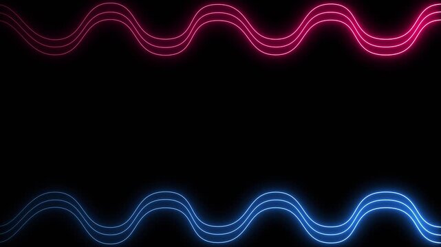 Neon pink and blue wavy lines frame on black background for content creations. Seamless looping animation