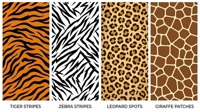 Wild animal patterns for design, orange tiger stripes, black and white zebra stripes, leopard spots, giraffe patches