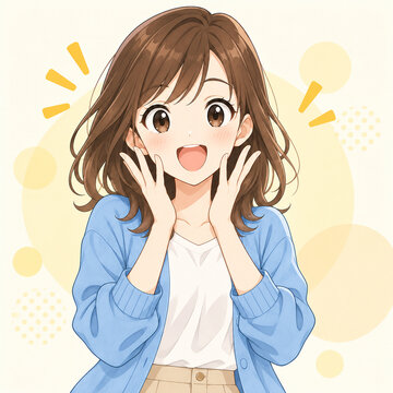 驚きと喜びを表現する笑顔の女性のアニメ風イラスト