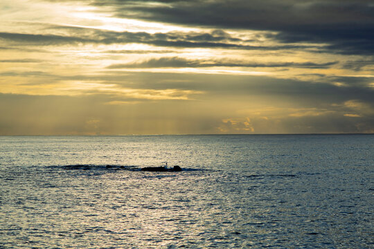 Dramatic golden sunset over calm ocean horizon with clouds and sun rays