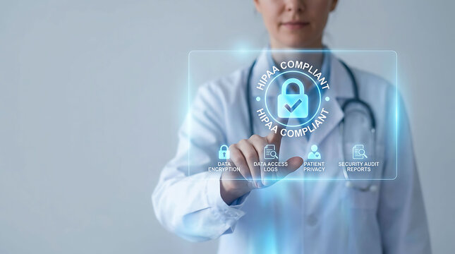 Doctor touching digital holographic screen with HIPAA compliance secure data