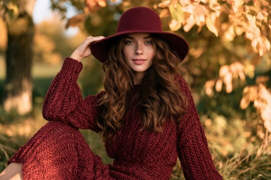 Woman sits calmly, wearing deep red knit hat and sweater