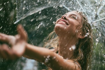 Fototapeta premium Woman smiles joyfully under rain shower