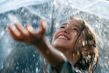 Fototapeta premium Raindrops splash joyfully against a smiling child's outstretched hand