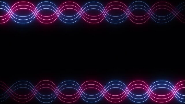 Energetic neon wave frame with glowing pink and blue lines on dark background for gaming content. 4K seamless loop