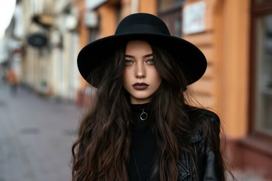 Woman wears wide black hat and leather jacket