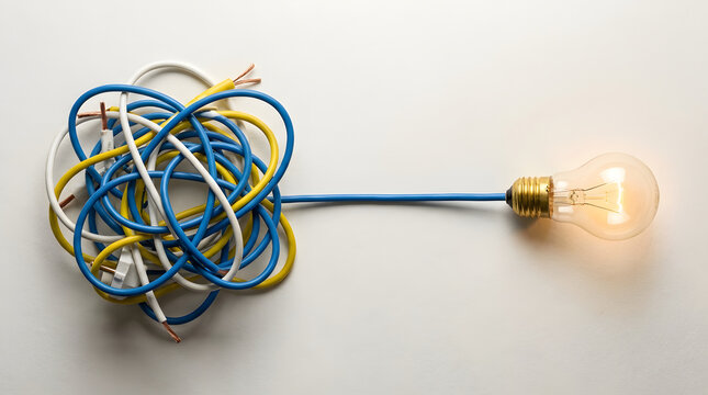 Lit light bulb connected to a messy knot of multicolored electrical wiring with electrical wires tangled mess problem solving electrical work tangled cables solution finding glowing filament