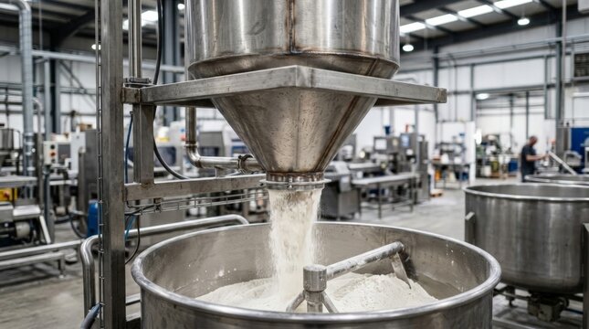 Flour falls from a stainless steel hopper into a large mixing bowl in a busy industrial factory setting during a grain silo harvest process, highlighting food processing machinery