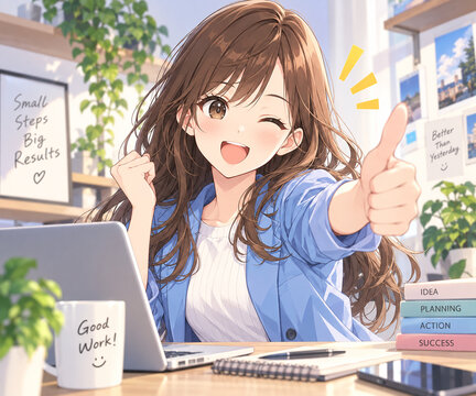 オフィスでサムズアップする笑顔の女性のアニメ風イラスト