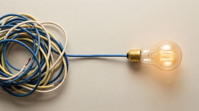 Tangled mess of colorful electrical wires connected to a single lit light bulb with electrical cable complex problem glowing bulb messy connection problem solving energy efficiency technical dif