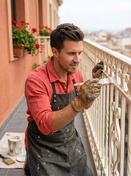 Man paints a decorative balcony railing with a brush in bright sunlight. Home maintenance refreshes an outdoor living space and preserves its architectural character