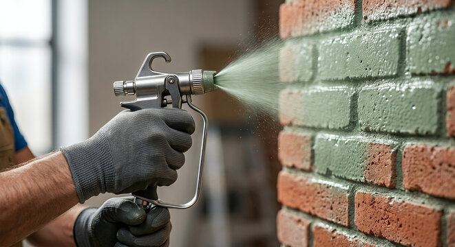 Man spray paints a brick surface with green coating using a spray gun. Renovation work refreshes masonry while preserving its textured character
