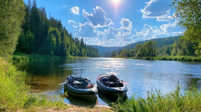 Two kayaks rest near a sunlit riverbank