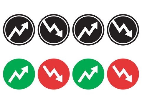 Stock market and financial trend icon set in round flat symbols representing profit, loss, growth, recession, and trade.