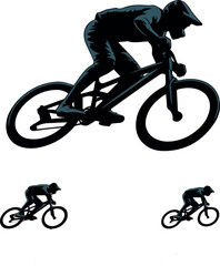 Fototapeta premium Create on Mountain bike rider emblem set vector illustration. Cyclist jumping on MTB bicycle. Extreme sport silhouette logo.