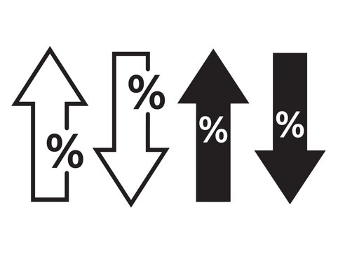 Interest rate and financial growth icon set in a flat black outline style featuring percent, profit, loss, credit, and inflation.