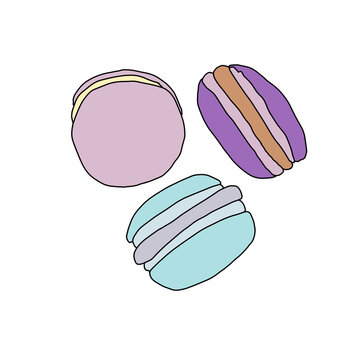 Sweet french macarons hand drawn illustration for bakery logo, pastel dessert elements for cafe menu and packaging design