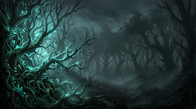 Abstract green glowing tree branches on dark background