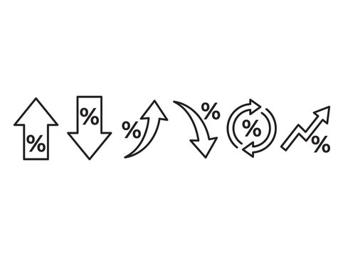 Interest rate and finance icon set in a linear style representing banking, mortgage, inflation, investment, and growth.