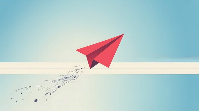 A red paper airplane flying across a light blue background, leaving a trail, of motion lines, and debris representing, innovation and creative thinking