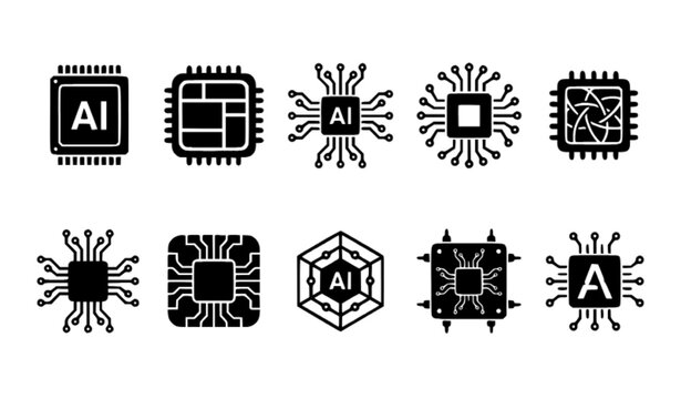 Artificial Intelligence AI Processor Chip Circuit Vector Icon Set