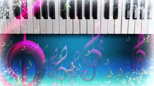 Music Event Title Opening with Piano Keys and Floating Musical Notes