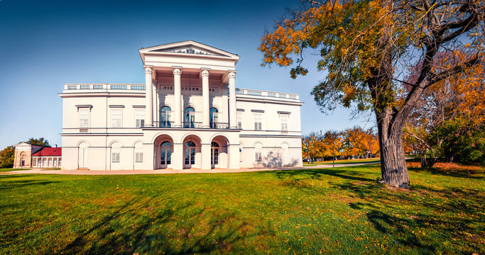 Astonishing morning view of Alexander-Metternich Castle. Captivating autumn cityscape of Bajna town, Hungary, Europe. Traveling concept background.
