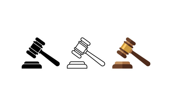 Judge gavel icon set in flat, outline, and solid styles, wooden auction hammer symbols for legal and justice concepts