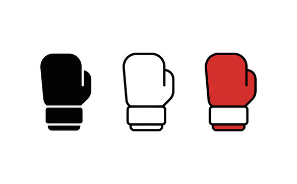 Boxing glove icon set in flat vector style, minimalist boxing gloves graphic, red and black sports equipment symbols