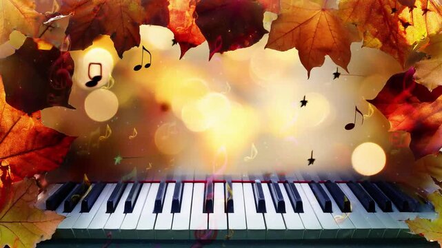 秋のピアノ音楽タイトルフレーム 紅葉と輝く音符の背景アニメーション