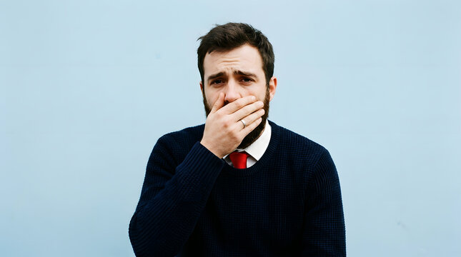 Shocked young man covering his mouth in disbelief and astonishment