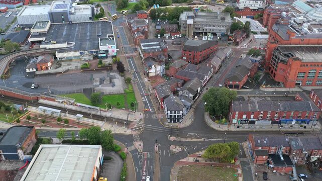 Aerial Video of King Street Tram Stop and Road Junction in Oldham, Greater Manchester at Morning