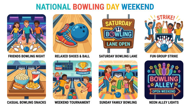 Bowling day activities depicted in vibrant graphic style feature friends playing matches, bowling balls, shoes, family tournaments, snack food trays, neon alley signs, and competition trophies.