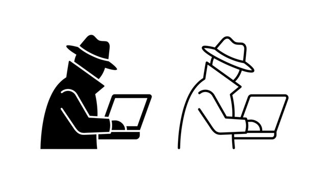 Detective silhouette vector graphic illustration featuring a mysterious man wearing a hat while typing on his portable laptop computer device