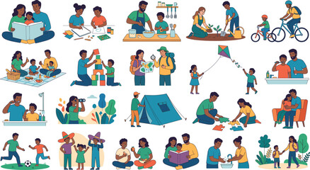Fototapeta premium Diverse family activities and happy parenting vector illustration set featuring indoor hobbies outdoor recreation camping sports and daily routines