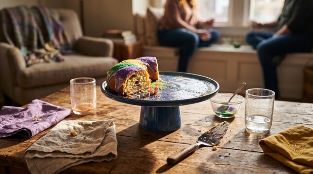 Sunlit king cake leftovers after a Mardi Gras gathering