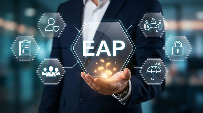 Businessman presenting EAP concept with glowing digital interface holograms