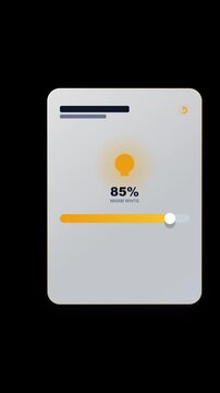 3D animation of hand cursor swiping left a smart home control card on transparent background. Interactive climate and lighting control UI slider for IoT apps.
