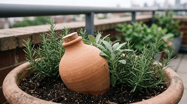 Clay olla supports water-wise rosemary containers