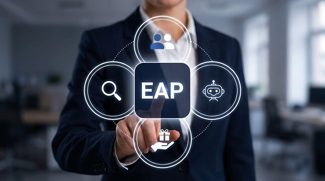 Professional touching digital EAP button in modern corporate workplace interface