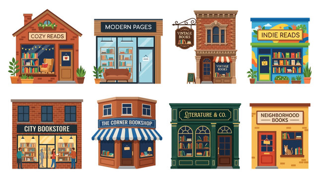 Bookstore shop fronts feature classic brick designs and cozy reading interiors to attract literature lovers searching for their next great story within these charming neighborhood businesses for.
