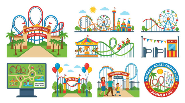 Amusement park facilities feature roller coasters and ferris wheels alongside family visitors and ticket booths illustrated as a collection of vibrant outdoor leisure attractions for summer holiday.