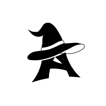 Magical letter A monogram with witch hat illustration.