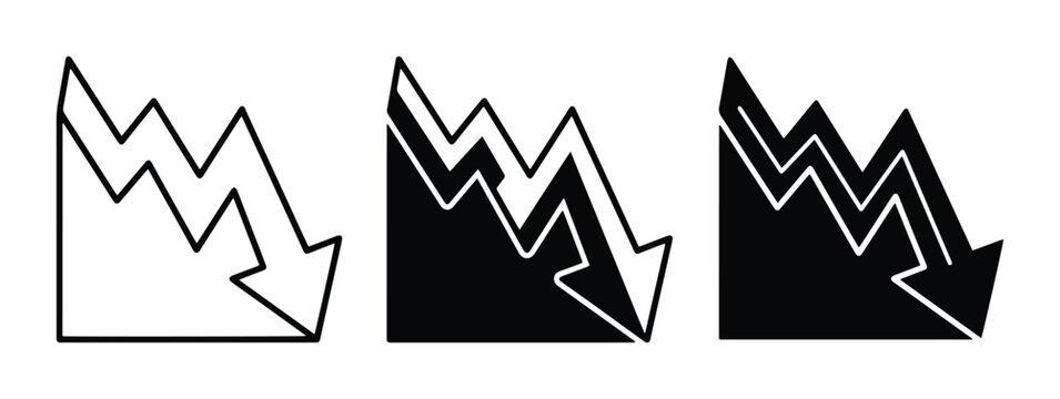 Falling Graph Icons, Downward Trend Arrows, Business Decline Set, Vector Graphics